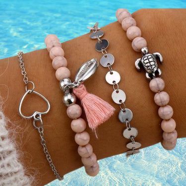Pink Tassell 4 Piece Bracelet Set 18K White Gold Plated Bracelet ITALY